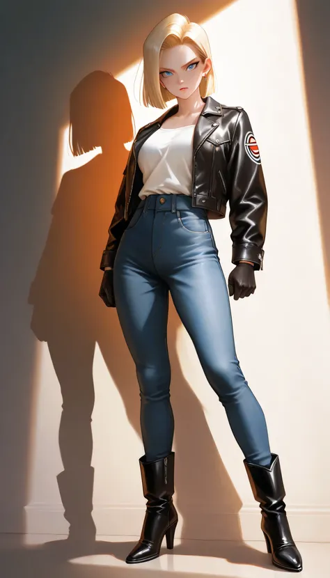 ((masterpiece)), ((top quality)) Highly detailed digital illustration of Android 18 from Dragon Ball, full body portrait, short blonde hair with side parting, intense blue eyes, wearing a black leather jacket over a white top, sexy denim pants high heel bo...