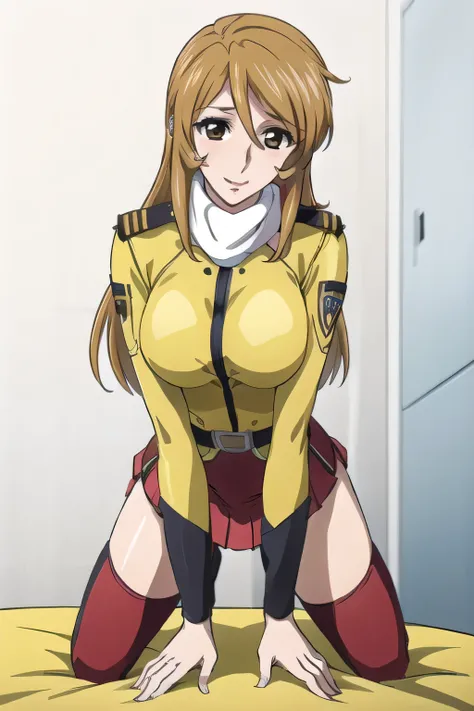 can you draw a woman in a red top and bottom uniform，white scarf，nice smiles，I need a face，Yellow long hair，Big Breastsでもウエストが細い  ，Red military uniform，red skirt，white boots，white scarf，，30 year old adult々woman with sex appeal，completely blocking the escape，  ，  draw her expression more delicately，Alone is amazing，Accurate representation of hands and legs，、 miniskirt，  ,      , ,   Big Breasts, thin waist ，    It's an accurate depiction of hands and feet  
