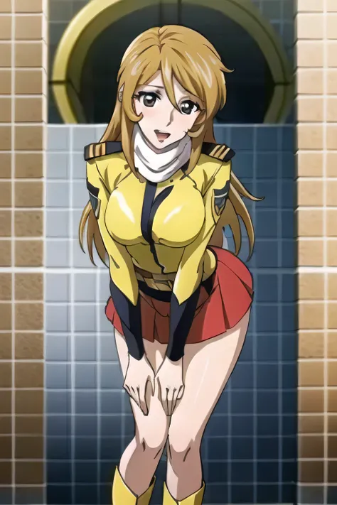 can you draw a woman in a red top and bottom uniform,white scarf,nice smiles,I need a face,Yellow long hair,Big Breastsでもウエストが細い ,Red military uniform,red skirt,white boots,white scarf,,30 year old adult々woman with sex appeal,completely blocking the escap...