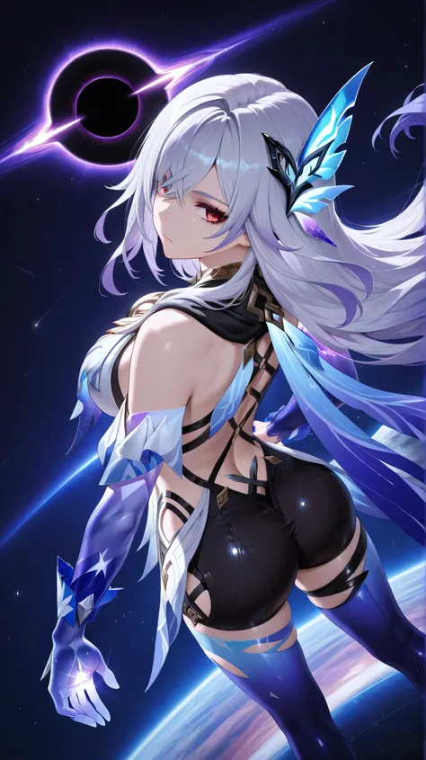 skirk genshin impact, half closed mouth, looking confident, view from above, looking from back leftside, showing back, dynamic pose, legs apart, dynamic angle, masterpiece, space background, holding a small black hole on hand