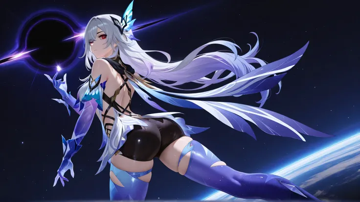 skirk genshin impact, half closed mouth, looking confident, view from back, looking from back, showing back, dynamic pose, legs apart, dynamic angle, masterpiece, space background, holding a small black hole on hand