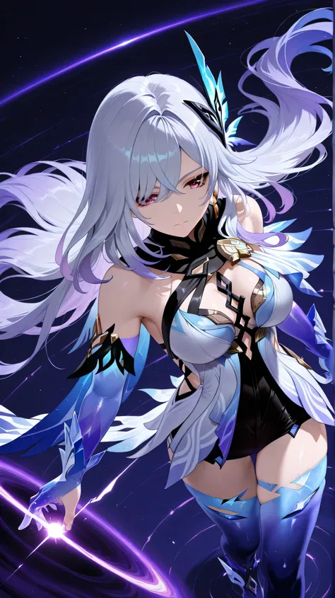 skirk genshin impact, half closed mouth, looking confident, view from above, view from directly above, dynamic pose, dynamic angle, masterpiece, holding a small black hole on hand