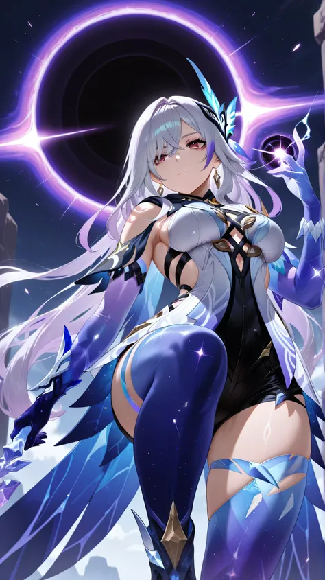 skirk genshin impact, half closed mouth, looking confident, view from below, dynamic pose, dynamic angle, masterpiece, holding a small black hole in hand