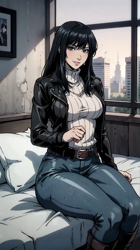 (masterpiece), best quality, expressive eyes, perfect face, boots, blushed, lipstick, pistol holster, 南空ナオミ, 170cm, death note, medium breasts, Japanese American woman, long black hair, Naomi Misora, twin bangs, ((black eyes without pupils)), FBI agent, ta...