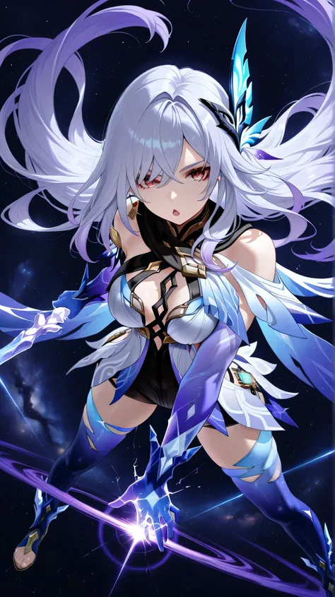 skirk genshin impact, chestnut mouth, looking cluless, view from above, view from front, showing front, dynamic pose, legs apart, dynamic angle, masterpiece, space background, holding a small black hole in hand