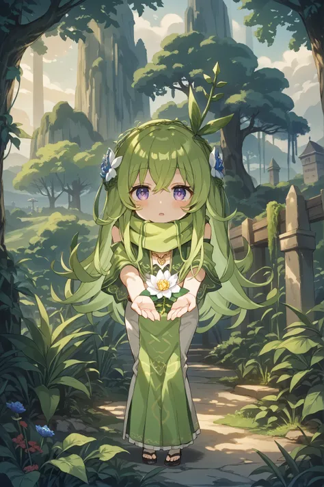 Japanese anime hand-drawn style depicts a tree, the chastity saint of the Elves standing in the jungle（There is only one person, the Virgin, in the picture），facing the camera，Cute little green hands，green hands spread upwards，green hands with a gorgeous an...