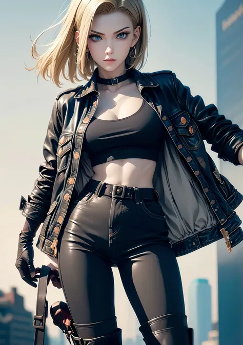 ((masterpiece)), ((top quality)) Highly detailed digital illustration of Android 18 from Dragon Ball, full body portrait, short blonde hair with side parting, intense blue eyes, wearing a black leather jacket over a white top, denim mini skirt pants high h...