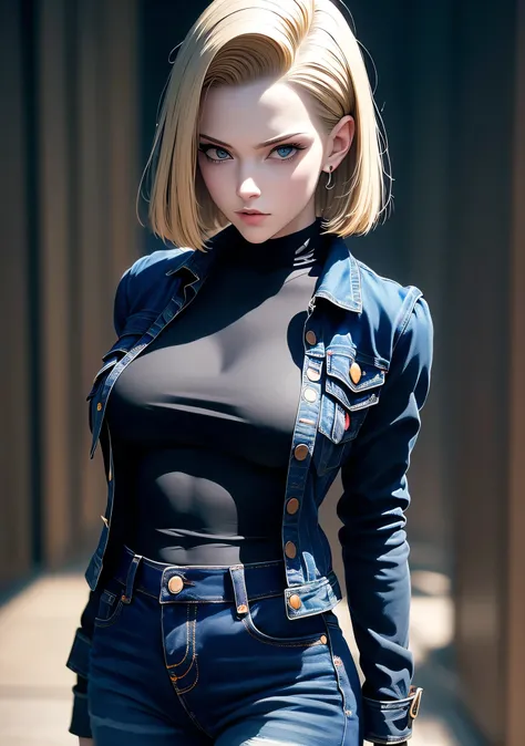 ((masterpiece)), ((top quality)) Highly detailed digital illustration of Android 18 from Dragon Ball, full body portrait, short blonde hair with side parting, intense blue eyes, wearing a black leather jacket over a white top, denim mini skirt pants high h...