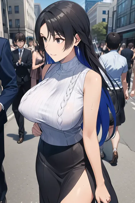 can you draw a woman with a nice smile、Pointed nipples that can be seen through when wet,miniskirt,I'm drawing a facial expression。draw her expression more delicately,Faces are very important,can you draw a sleeveless dark blue long dress,Big Breastsでもウエスト...