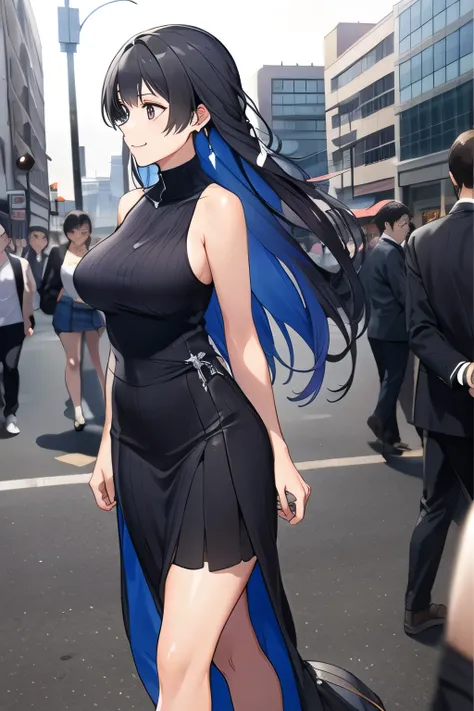 Can you draw a woman with a nice smile、My nipples are sharp and can be seen through when wet,miniskirt,I'm drawing facial expressions。draw her expression more delicately,Faces are very important,can you draw a sleeveless dark blue long dress,Big Breastsでもウ...