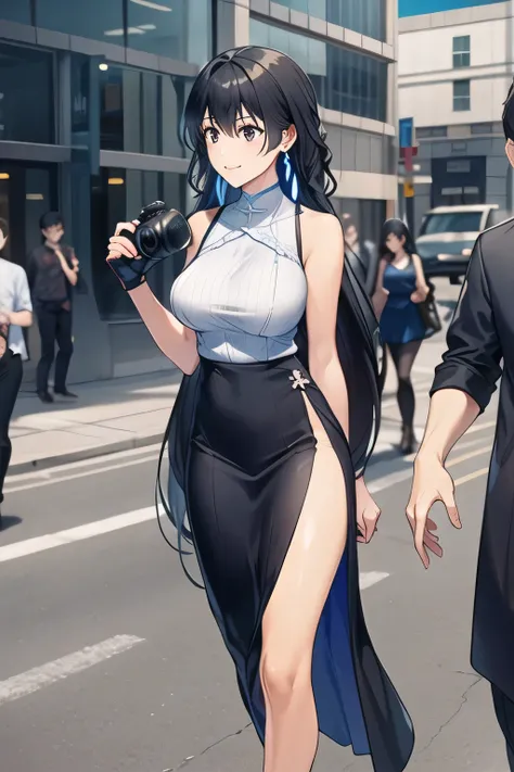 can you draw a woman with a nice smile、Pointed nipples that can be seen through when wet,miniskirt,I'm drawing a facial expression。draw her expression more delicately,Faces are very important,can you draw a sleeveless dark blue long dress,Big Breastsでもウエスト...