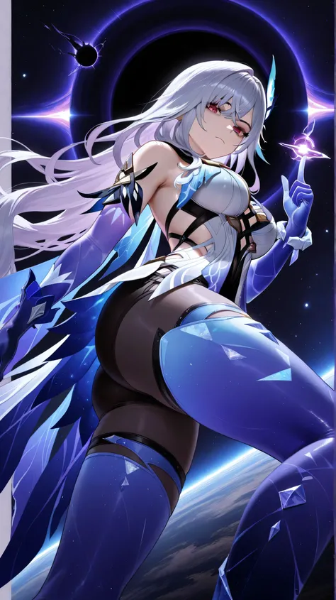 skirk genshin impact, half closed mouth, looking fearless, looking down to viewer, view from side, from below, showing front, dynamic pose, dynamic angle, masterpiece, space background, a black hole on a single finger
