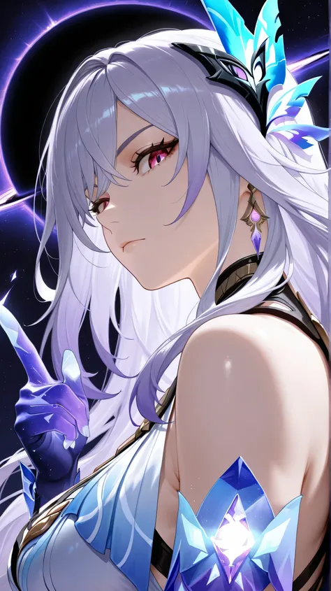 skirk genshin impact, portrait style, half closed mouth, looking fearless, looking down to viewer, view from side, from below, showing front, dynamic pose, dynamic angle, masterpiece, space background, a black hole on a single finger