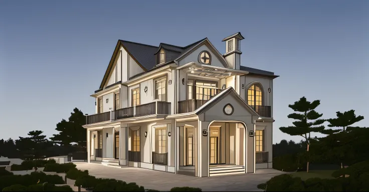 This house is grand with two floors. It features large windows, a spacious front porch with steps, and a balcony on the second floor. The roof has multiple gables, and the exterior is detailed with decorative elements. The overall design is elegant and cha...