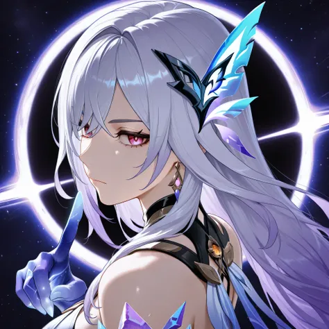 skirk genshin impact, portrait style, half closed mouth, looking fearless, looking down to viewer, view from side, from above, showing front, dynamic pose, dynamic angle, masterpiece, space background, a black hole on a single finger