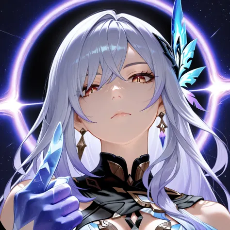 skirk genshin impact, portrait style, head tilt, half closed mouth, looking fearless, looking down to viewer, view from below, from front, showing front, dynamic pose, dynamic angle, masterpiece, space background, a black hole on a single finger