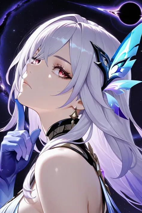 skirk genshin impact, portrait style, head tilt, half closed mouth, looking fearless, looking up to viewer, view from side, from front, showing front, dynamic pose, dynamic angle, hand on chin, masterpiece, space background, a black hole on a single finger