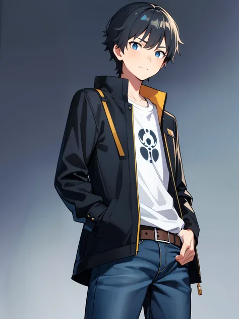 (high-quality, breathtaking),(expressive eyes, perfect face), symmetrical eyes, 1boy, solo, medium length hair, black hair, blue eyes, kind, jacket, tshirt, belt, jeans, portrait, upper body, simple background, calm expression, small smile, caelus, hands i...