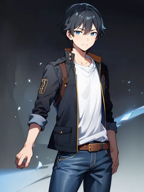 (high-quality, breathtaking),(expressive eyes, perfect face), symmetrical eyes, 1boy, solo, medium length hair, black hair, blue eyes, kind, jacket, tshirt, belt, jeans, portrait, upper body, simple background, calm expression, small smile, caelus, standi...