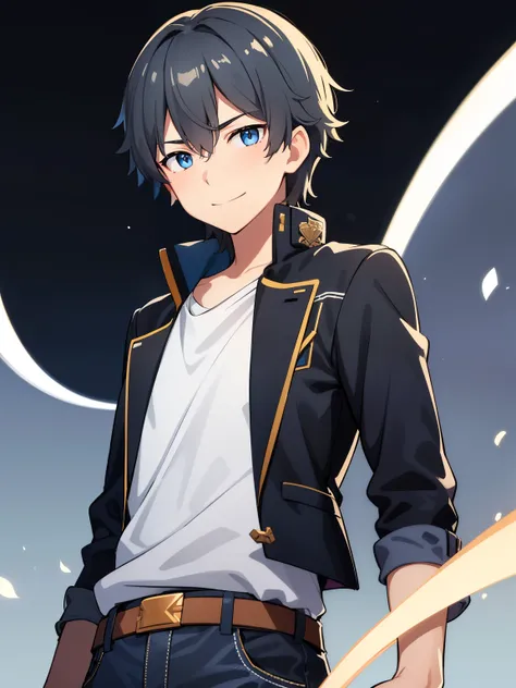 (high-quality, breathtaking),(expressive eyes, perfect face), symmetrical eyes, 1boy, solo, medium length hair, black hair, blue eyes, kind, jacket, jeans, portrait, upper body, simple background, calm expression, small smile, caelus, standing straight,