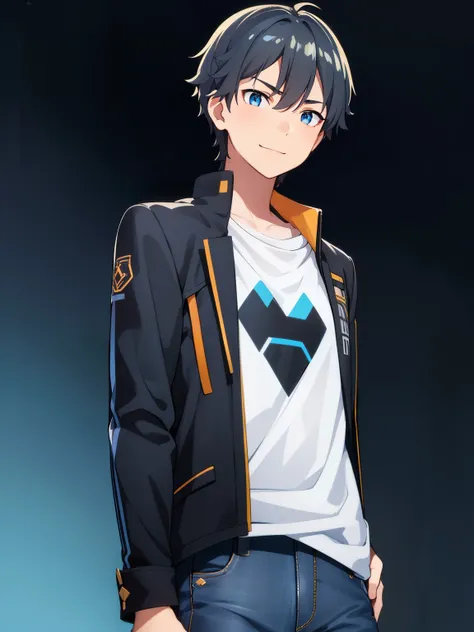 (high-quality, breathtaking),(expressive eyes, perfect face), symmetrical eyes, 1boy, solo, medium length hair, black hair, blue eyes, kind, jacket, tshirt, jeans, portrait, upper body, simple background, calm expression, small smile, caelus, standing str...