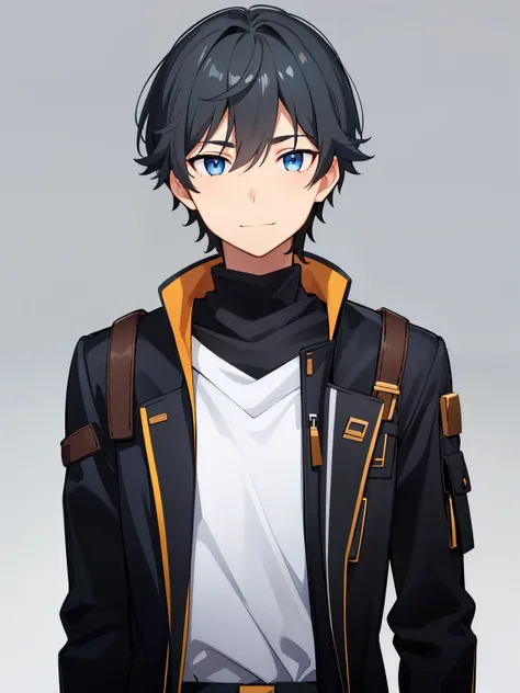(high-quality, breathtaking),(expressive eyes, perfect face), symmetrical eyes, 1boy, solo, medium length hair, black hair, blue eyes, kind, jacket, jeans, portrait, upper body, simple background, calm expression, small smile, caelus, standing straight,