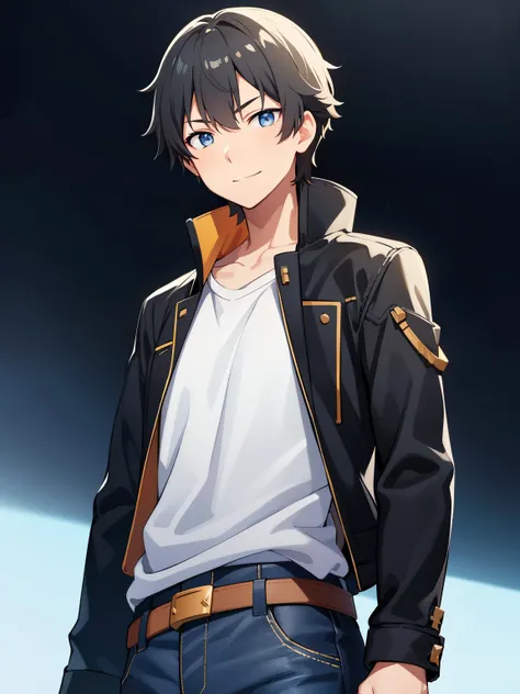 (high-quality, breathtaking),(expressive eyes, perfect face), symmetrical eyes, 1boy, solo, medium length hair, black hair, blue eyes, kind, jacket, jeans, portrait, upper body, simple background, calm expression, small smile, caelus, standing straight,