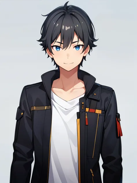 (high-quality, breathtaking),(expressive eyes, perfect face), symmetrical eyes, 1boy, solo, medium length hair, black hair, blue eyes, kind, jacket, jeans, portrait, upper body, simple background, calm expression, small smile, caelus, standing straight,