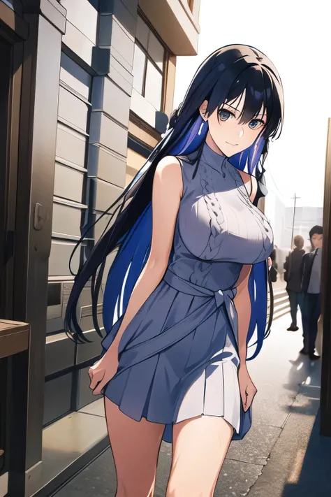 can you draw a woman with a nice smile、My nipples are sharp、You can see through when wet ,miniskirt,I'm drawing a facial expression。draw her expression more delicately,Faces are very important,can you draw a sleeveless dark blue long dress,Big Breastsでもウエス...
