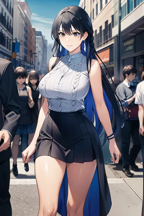 can you draw a woman with a nice smile、My nipples are sharp、You can see through when wet ,miniskirt,I'm drawing a facial expression。draw her expression more delicately,Faces are very important,can you draw a sleeveless dark blue long dress,Big Breastsでもウエス...