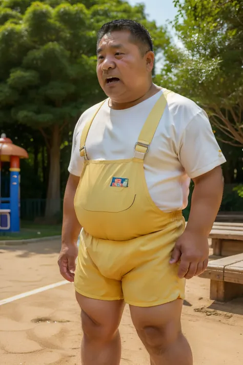 Thick Japan middle-aged man in his 50s, 1man, retarded, He wears a Big Diapers and Rompers, Bare Thighs, Pampers, shirtsless, ((peeing self, wetting self, pee stains,)), ((trembling, fear expression, scared, looking at viewer)), kindergarten background, It...