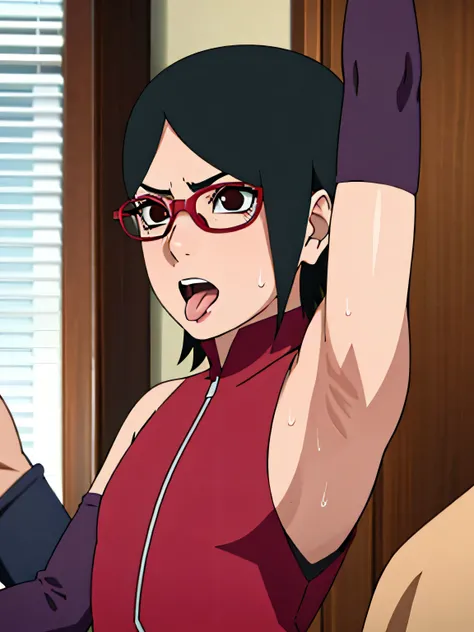 Sarada Uchiha,human woman with fair skin. She is a r with black eyes and red clothing. Her hair is black in color; She is beautiful.Wearing red rimmed glasses.Tsundere face. Pink eye shading,mature appearance,armpits,sweat,sweaty,sweaty armpits,arms up,s...