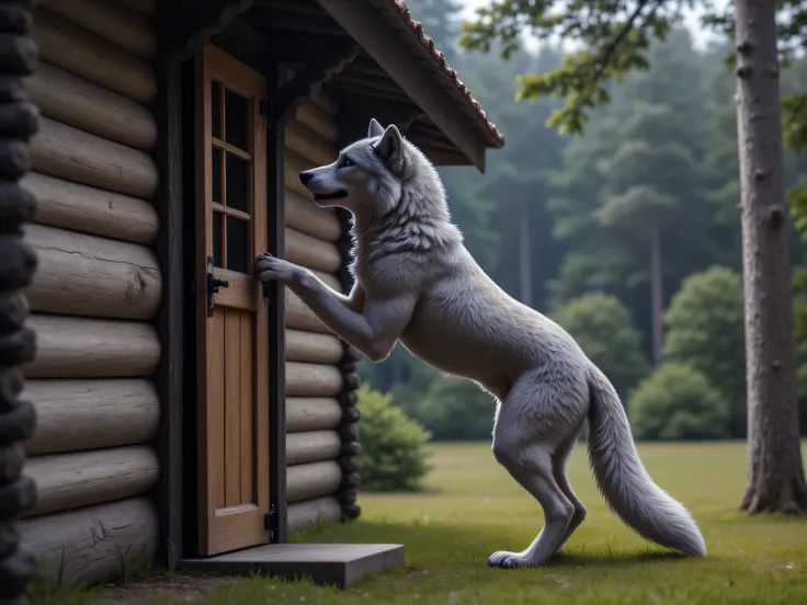  (masterpiece), best quality, 1wolf,  realistic, highly detailed, shallow depth of field, sharp focus, hyperrealism, cinematic lighting, photorealistic style, 8k solution, a gray wolf is stands on its hind legs and knocks on the door of grandmas old wood h...