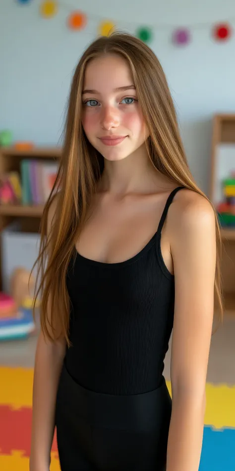 The fascinating sight of a pretty 22-year-old student in kindergarten.

A beautiful girl has pale freckled skin,  pale body , and has very small firm breasts.

long hair, wavy hair, blond hair, Super cute , charming young woman. Glitter on her face

Wears ...
