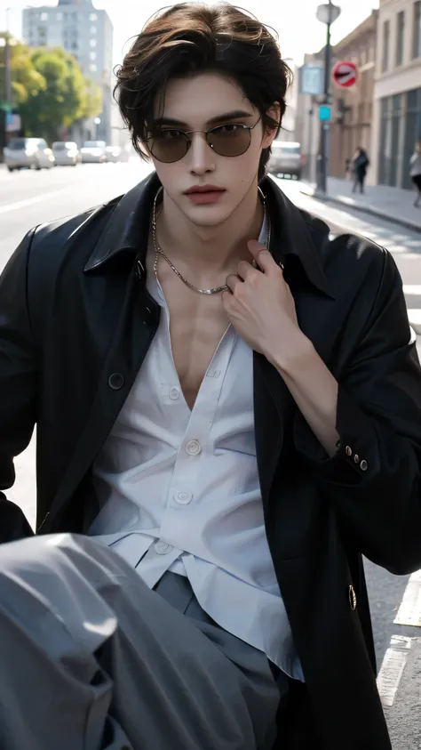 ((highest quality, 8K, masterpiece: 1.3)), empty city street, Handsome boy in street fashion:1.5, ((25-year-old man)), well-groomed face, black hair color, thin face, (white skin:1.5), (((upper body))), black eyes, Super handsome, sexy eyes, Extra-fine fac...