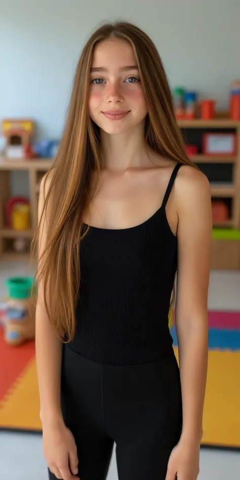 The fascinating sight of a pretty 22-year-old student in kindergarten.

A beautiful girl has pale freckled skin,  pale body , and has very small firm breasts.

long hair, wavy hair, blond hair, Super cute , charming young woman. Glitter on her face

Wears ...