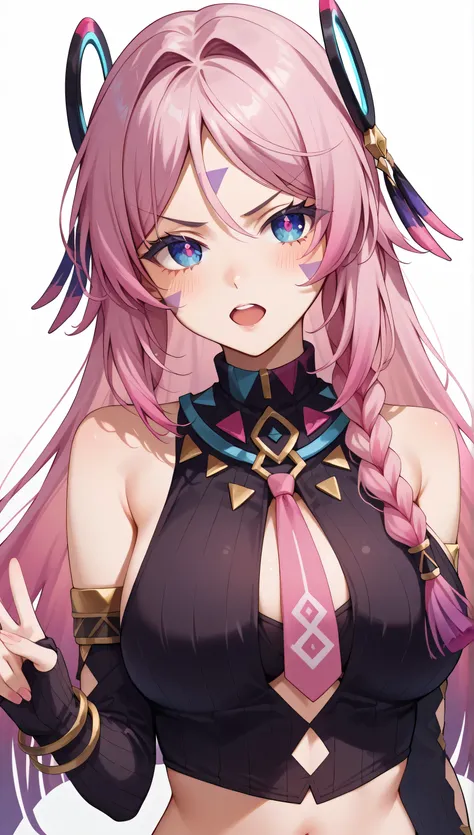 score_9,score_8_up,score_7_up, masterpiece, best quality, amazing quality,  aesthetic, absurdres,  citlali, 1girl, facial mark, hair intakes, white background, upper body, large breasts, black shirt, bracelet, open mouth, upper teeth only, detached sleeves...