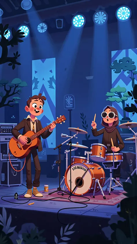 medium lens,live performance scene,Three band on the same stage:drummer in the back of a Yamaha drum set、acoustic guitarist wearing a hijab、electric guitarist with sunglasses,Drummer sitting behind the stage;Background with blue spotlights and geometric L...