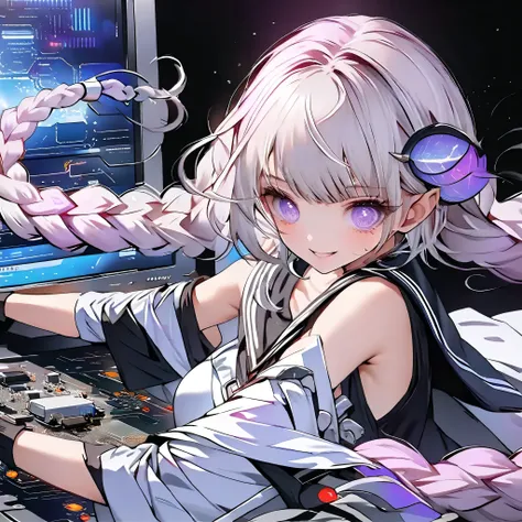 pops out composition、Best Details,(((Highest Qualityのキラキラした瞳)))、The World of Electronic Circuits、near future、Intricate electronic cable、Neon Colored Electronic Circuits on a Simple Black Background、(((Kakumihime who advanced through the electronic circuit ...