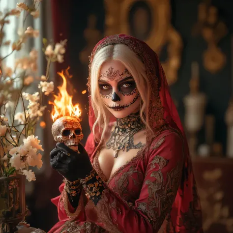 santa muerte, opulent room with rich, delicate white flowers. Her eyes are strikingly green with detailed, skeletal face paint in the style of a sugar skull, straight, suggesting a stylized, ornate skull in her hands, glowing elements of her outfit.   She ...