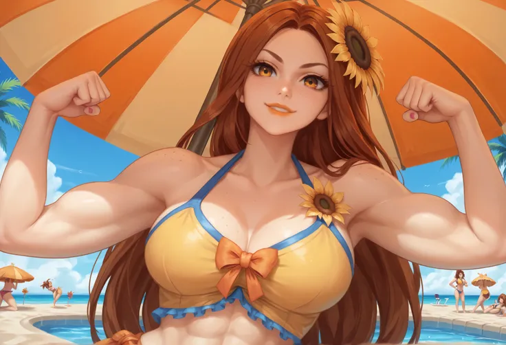 Leona, pool party leona, long hair, brown hair, straight hair, amber eyes, sunflower in hair, blue and yellow bikini, ribbon on bikini, 1girl, large breasts, freckles, under umbrella, warm smile, beach, bluch, orange lips, fist up in the air, muscular, lo...