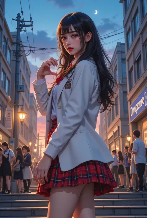 ultra fineCG Unity 8k壁紙、best quality、ultra fine、masterpiece、real、フォトreal、ultra fineキュートガール、18 years old、(high school girl standing on school stairs)、(back view)、(looking back at the drugstore)、 (lolの高校生)、((evening、sunset))、(gradient sky),((The skirt is flu...