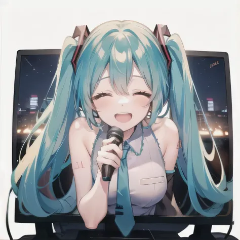 through screen, stuck, monitor, 1girl, breasts, hatsune miku, face to viewer, singing with holding microphone:1.5, bursting joyful smile, closed eyes, upper body, nighttime,