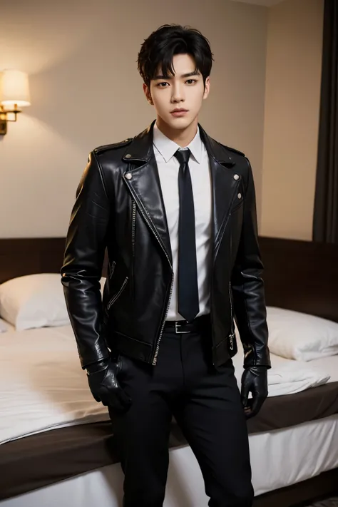 a slim muscular, Full body shot of a handsome K-pop male idol in leather jacket and tie and leather gloves. lean on lie down in hotel room. tempting.sexy.try to rape.realistic high quality .intricate detail face , ultra high res, uhd. Hyper-realism. a look...