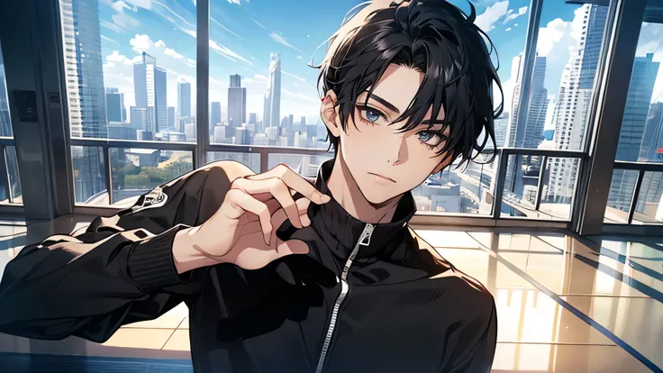 Japanese male handsome very short black hair tight long sleeves Light Colored Tight Long Pants I can see the blue sky large room with glass floors and ceilings private gym Composition with a very big face From the shoulders up and look at the camer...