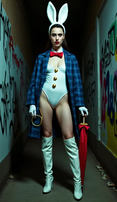 Margaret Qualley as White Rabbit, cowboy shot, stylish and eccentric villain, standing confidently, in dark graffiti-covered alleyway, white leotard with gold buttons in the centre, red bow tie, blue plaid tailcoat, tall white boots, white gloves, large wh...
