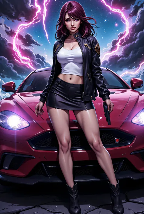 an anime portrait of a beautiful woman ready for battle, she is standing near her sports car, a mature woman, ((full body)), (ultra detailed face: 1.2), looking tense, looking dangerous, dynamic eye color, dynamic hair color, dynamic hair style dynamic s...