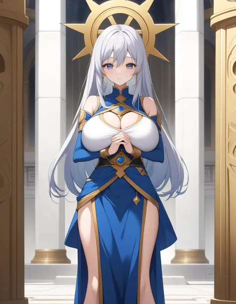 score_9, score_8_up, fantasy, source_anime, (priestess-default:0.2), BREAK, holy temple, 1 skinny goddess standing, disproportionately huge breasts, clasping own hands under breasts, breast lift, BREAK, narrow waist, skinny legs