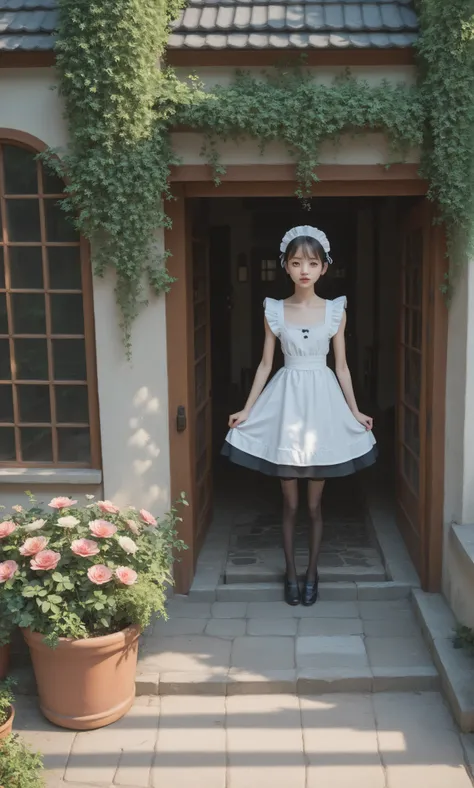 1 girl、maid,look at viewers,(skinny:1.3),(younger:0.8),from above,前かがみ,They are watering flowers outside the mansion,Japanese,(smile:0.5),black lace stockings