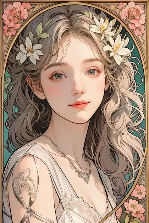 (Oil painting of a young, beautiful woman), striking portrait, (calm and gentle girlish smile), ((almost straight, medium-length blonde silver-gray hair)), (Close-up), (Simple, urban, soft-colored shirt), bright primary colors used partially as accents, (S...
